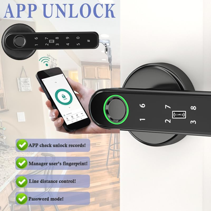 Smart Fingerprint Door Lock, Biometric Keyless Entry Door Lock(Black) | APP - Cards - Backup Key - Fingerprints - Codes for Bedroom Hotel Office Apartment and More