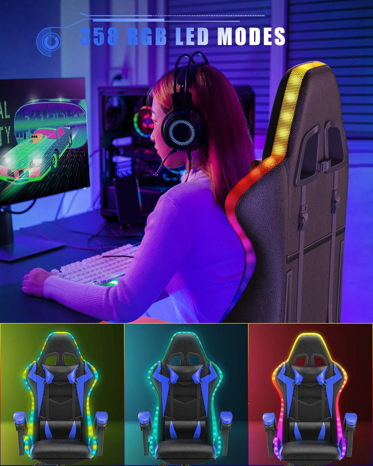 Ergonomic Gaming Chair with LED Lights for Adults (With Led Light, Blue) | Ergonomic,Height Adjustable,Reclining,Headrest,Lumbar Support,Armrests,360°-Swive,Pu Leather