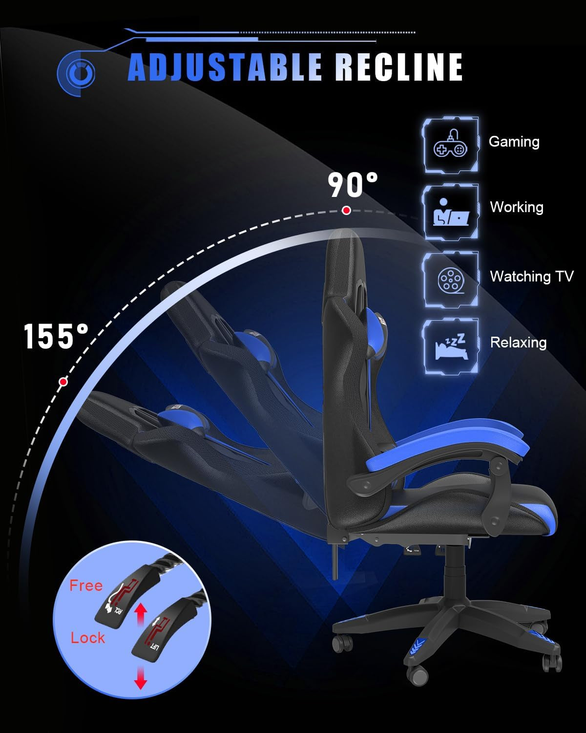 Ergonomic Gaming Chair with LED Lights for Adults (With Led Light, Blue) | Ergonomic,Height Adjustable,Reclining,Headrest,Lumbar Support,Armrests,360°-Swive,Pu Leather