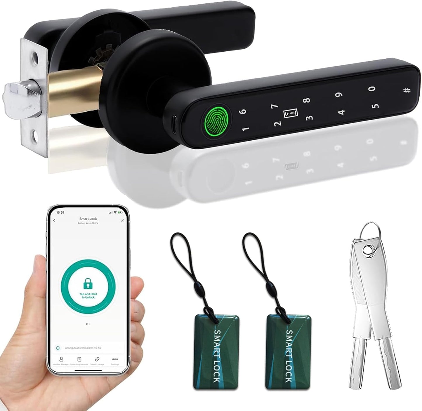 Smart Fingerprint Door Lock, Biometric Keyless Entry Door Lock(Black) | APP - Cards - Backup Key - Fingerprints - Codes for Bedroom Hotel Office Apartment and More