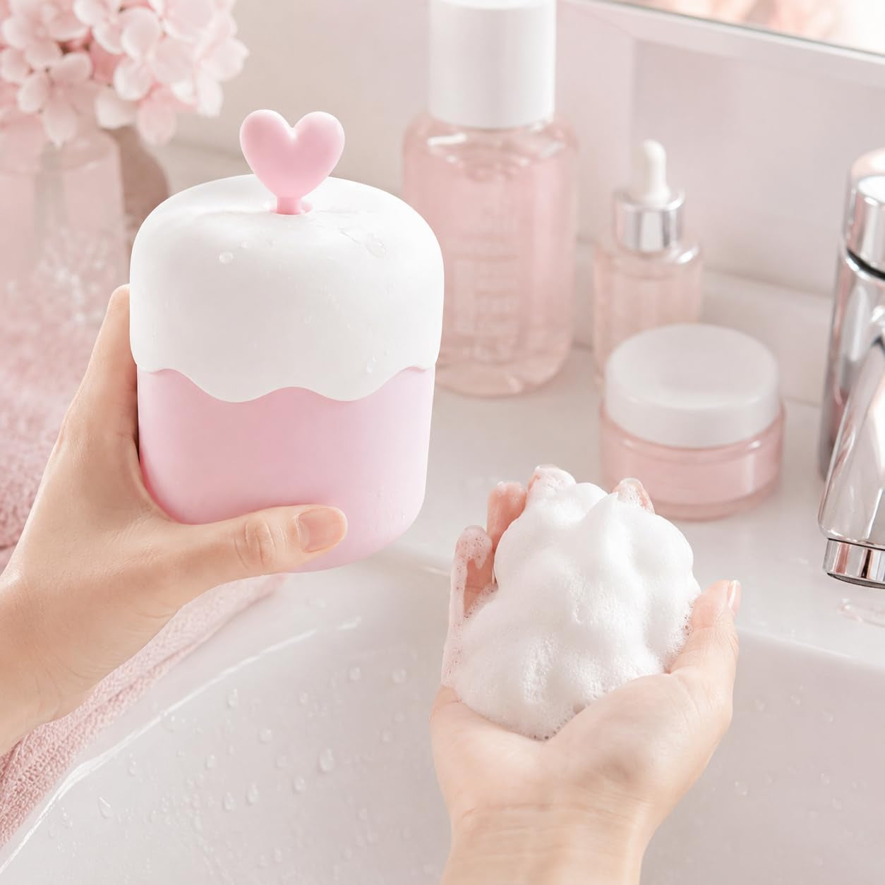 Foam Maker Cup, Portable Manual Face Cleanser & Shampoo Foaming Dispenser for Home and Travel, Cute Pink Skincare Bubble Tool