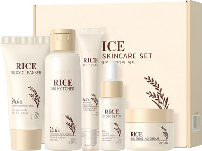 Korean Skincare Set,5Pcs Rice Skin Care Sets - Face Skin Care Sets & Kits - Cleanser,Toner,Serum,Eye Cream & Moisturizer - Skincare Christmas Gifts for Women Teenage Girls Mom, Travel Skincare Set