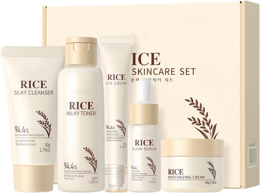 Korean Skincare Set,5Pcs Rice Skin Care Sets - Face Skin Care Sets & Kits - Cleanser,Toner,Serum,Eye Cream & Moisturizer - Skincare Christmas Gifts for Women Teenage Girls Mom, Travel Skincare Set