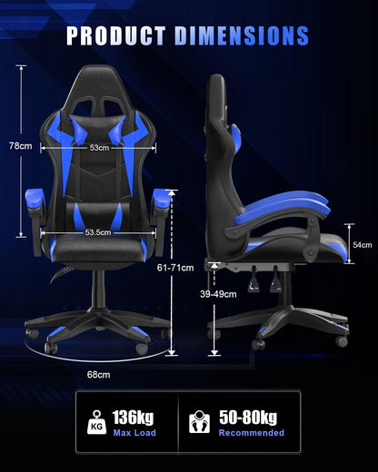 Ergonomic Gaming Chair with LED Lights for Adults (With Led Light, Blue) | Ergonomic,Height Adjustable,Reclining,Headrest,Lumbar Support,Armrests,360°-Swive,Pu Leather