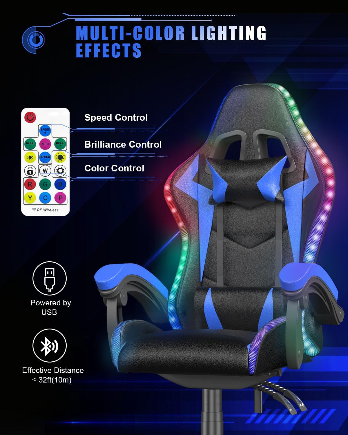 Ergonomic Gaming Chair with LED Lights for Adults (With Led Light, Blue) | Ergonomic,Height Adjustable,Reclining,Headrest,Lumbar Support,Armrests,360°-Swive,Pu Leather