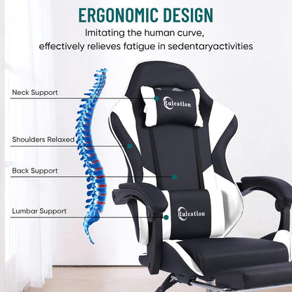 Gaming Chair with Footrest Office Chair Desk Chair Swivel Tilt Computer Chair Ergonomic Design with Headrest & Lumbar Cushion Reclining Back Support for Home Office (White)