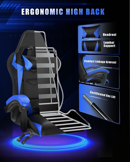 Ergonomic Gaming Chair with LED Lights for Adults (With Led Light, Blue) | Ergonomic,Height Adjustable,Reclining,Headrest,Lumbar Support,Armrests,360°-Swive,Pu Leather