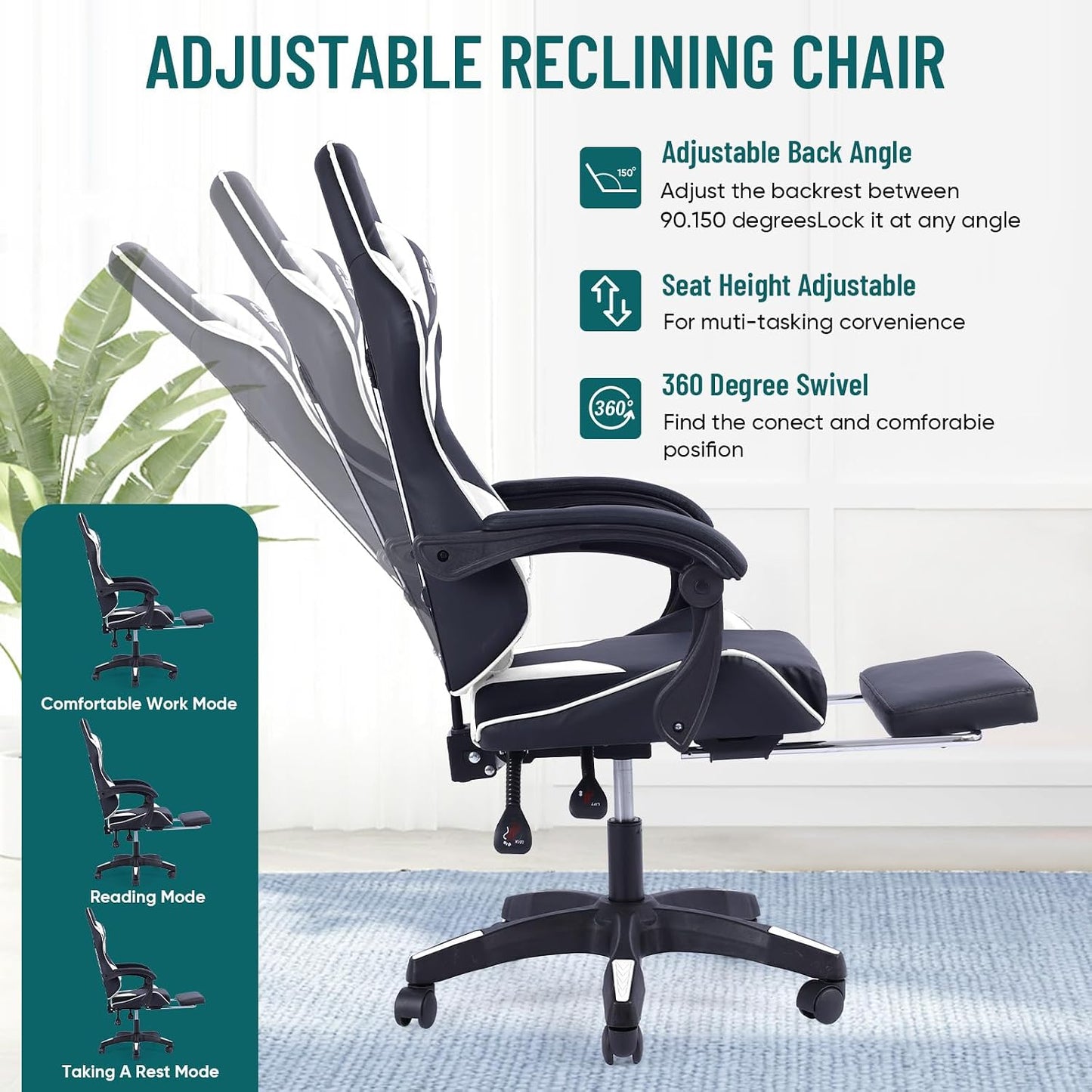 Gaming Chair with Footrest Office Chair Desk Chair Swivel Tilt Computer Chair Ergonomic Design with Headrest & Lumbar Cushion Reclining Back Support for Home Office (White)