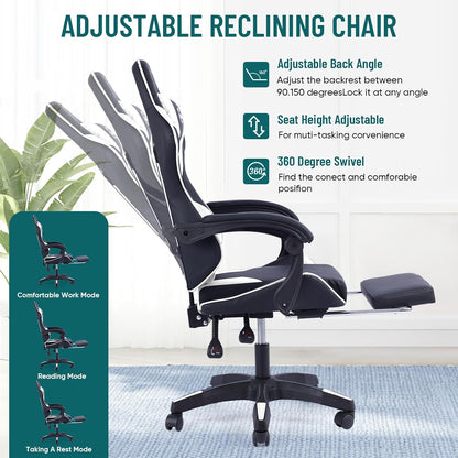 Gaming Chair with Footrest Office Chair Desk Chair Swivel Tilt Computer Chair Ergonomic Design with Headrest & Lumbar Cushion Reclining Back Support for Home Office (White)