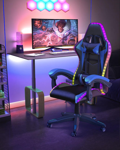 Ergonomic Gaming Chair with LED Lights for Adults (With Led Light, Blue) | Ergonomic,Height Adjustable,Reclining,Headrest,Lumbar Support,Armrests,360°-Swive,Pu Leather