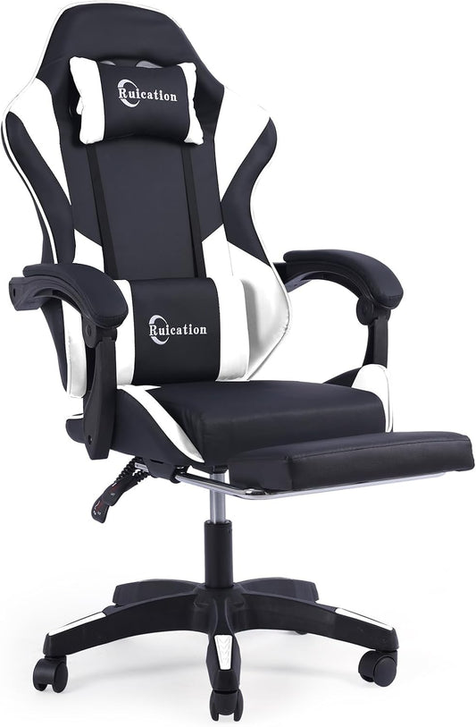 Gaming Chair with Footrest Office Chair Desk Chair Swivel Tilt Computer Chair Ergonomic Design with Headrest & Lumbar Cushion Reclining Back Support for Home Office (White)