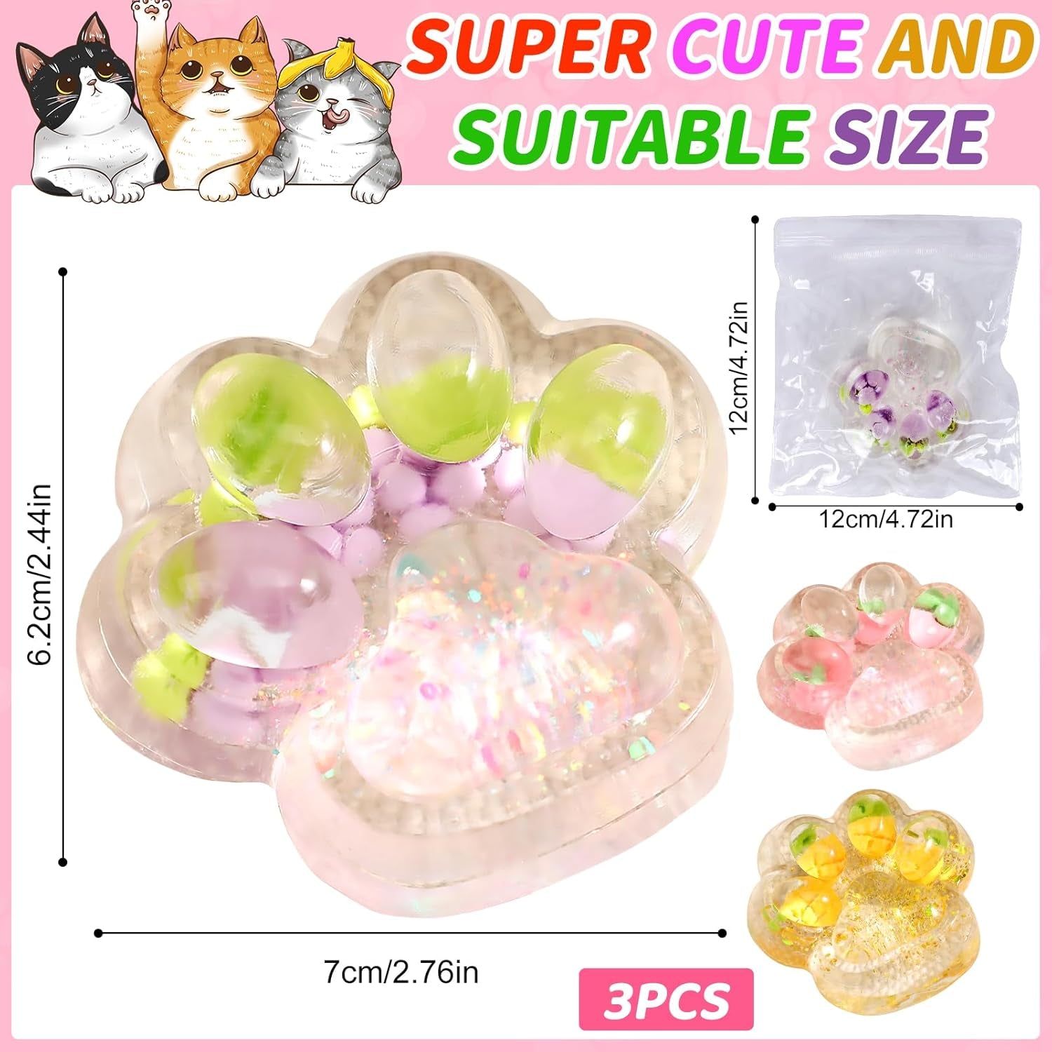 3 Pcs Cat Paw Squishy, Taba Squishy Paw Kit for Stress Relief, Fruits Taba Cat Paw Squishys, Fufu Squishys, Squeeze Toys, Soft Fidget Toys Adorable for Kids & Adults Party Gifts