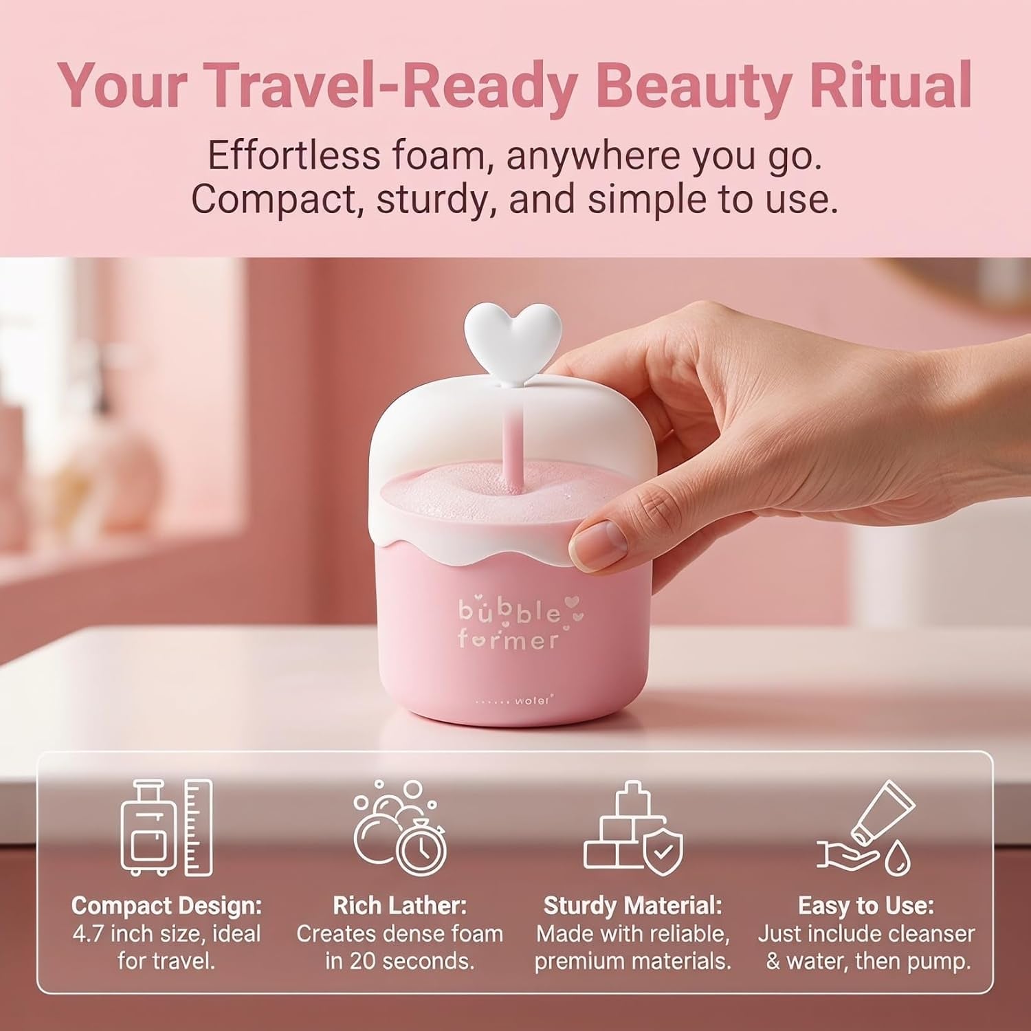 Foam Maker Cup, Portable Manual Face Cleanser & Shampoo Foaming Dispenser for Home and Travel, Cute Pink Skincare Bubble Tool
