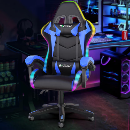 Ergonomic Gaming Chair with LED Lights for Adults (With Led Light, Blue) | Ergonomic,Height Adjustable,Reclining,Headrest,Lumbar Support,Armrests,360°-Swive,Pu Leather
